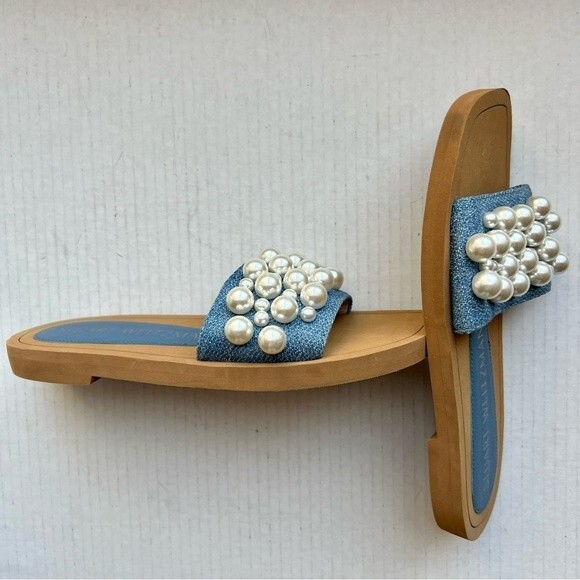 Stuart Weitzman Blue Denim Slide Flat Slip On Sandal Shoes w/ Pearls Women 5 B - Picture 5 of 14